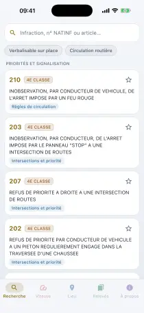 Écran de recherche avec les infractions courantes