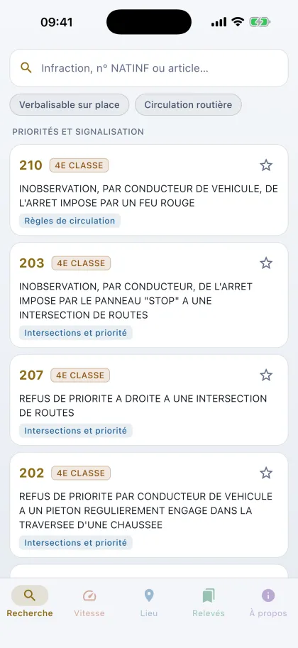 Écran de recherche avec les infractions courantes