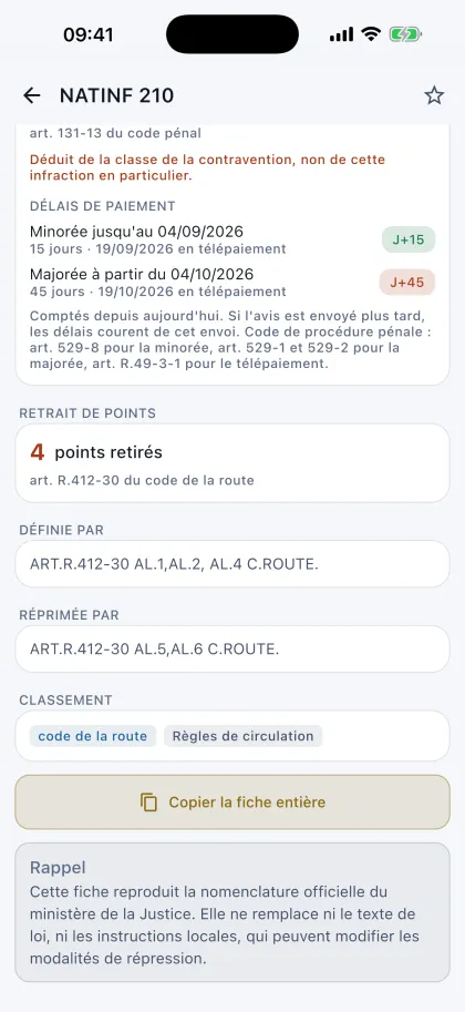 Fiche d'une infraction : montants, délais de paiement, retrait de points