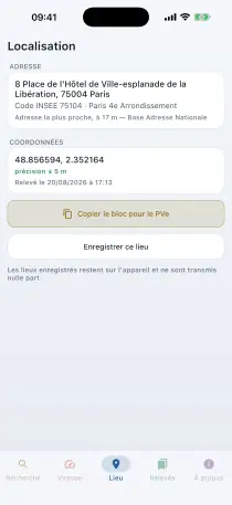 Écran de localisation avec adresse et coordonnées