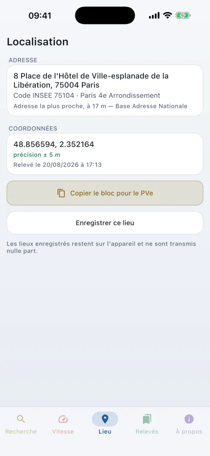 Écran de localisation avec adresse et coordonnées